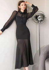Mesh Collar Neck Long Sleeve Mermaid Dress